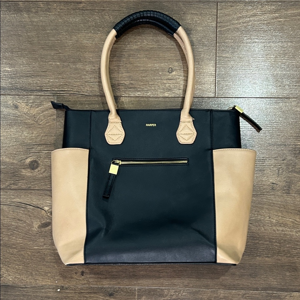 Mango Two-Tone Black and Tan Tote Bag